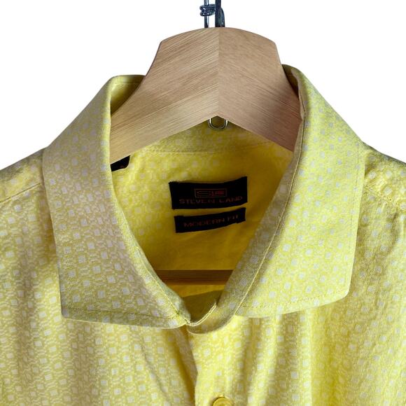 Steven Land Men's 16.5 34/35 Yellow & White 100% Cotton Modern Fit Dress Shirt - Picture 3 of 9